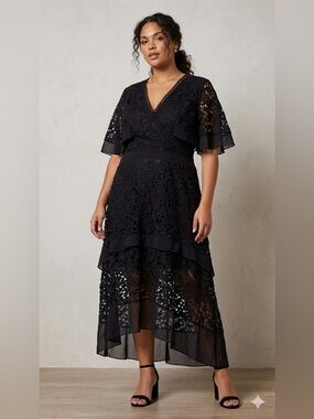 077-Boohoo Black Lace High-Low Maxi Dress
